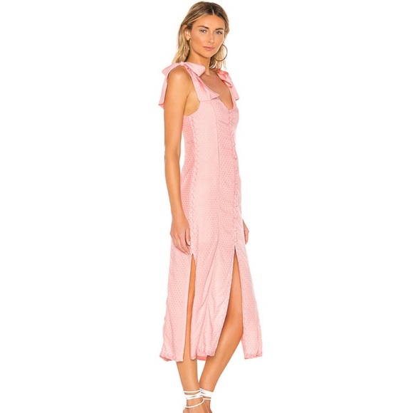 ✨ Aritizia Tularosa Pink Polka Dot Slit Ruffle Midi Dress - Picture 2 of 6